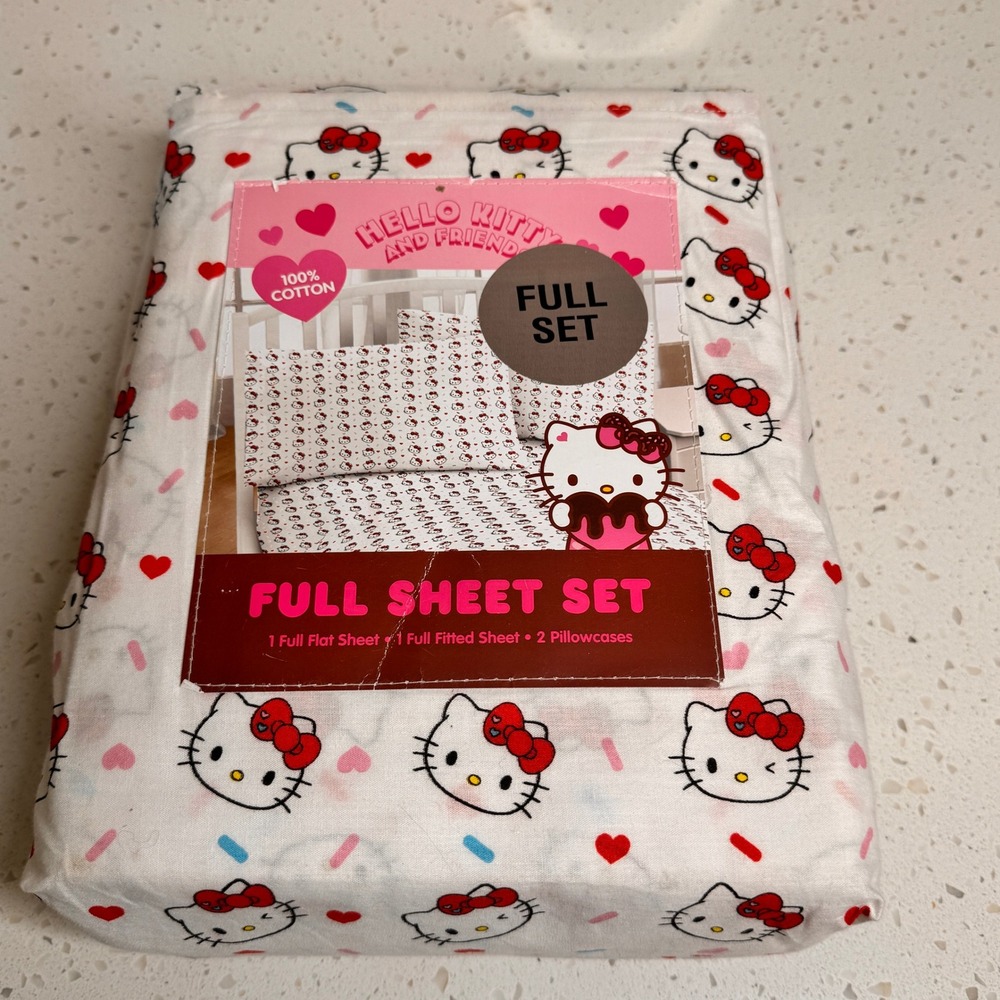 NWT Sanrio Hello Kitty Full Sheet‎ Set Cotton White Red Hearts Cat Sprinkles